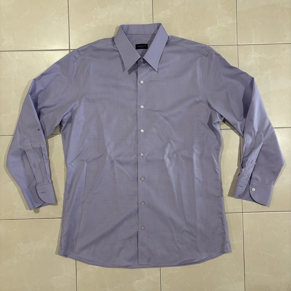 Proper Cloth Button Up Shirt Men's 17 XL Purple Plaid Cotton Work Zoom Business